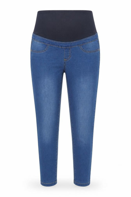 Front view of Boohoo women’s blue denim skinny jeans, size UK 8, 28-inch leg