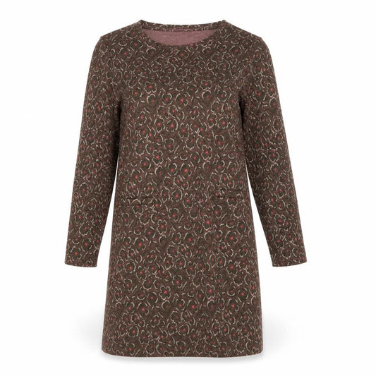 Front view of Tu women’s brown geometric jumper dress, size UK 10
