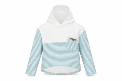 Front view of women’s blue pullover hoodie, size S