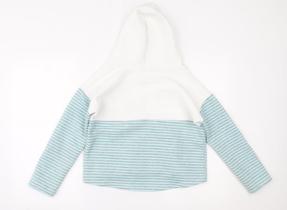 Back view of women’s blue pullover hoodie, size S