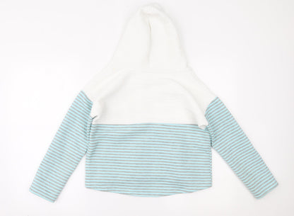 Back view of women’s blue pullover hoodie, size S