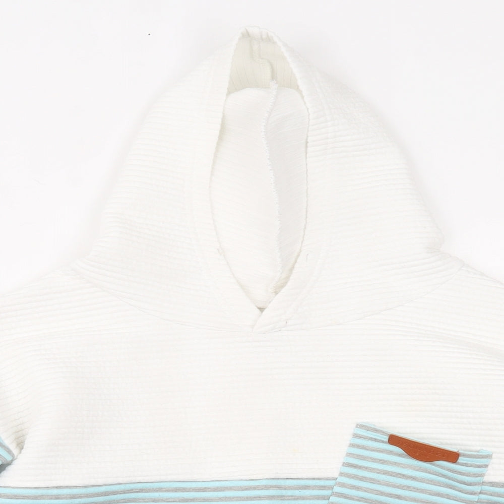 Close-up detail of women’s blue pullover hoodie, size S