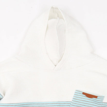 Close-up detail of women’s blue pullover hoodie, size S