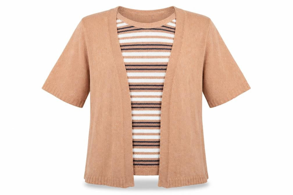 Front view of ME women’s orange striped jumper, size M