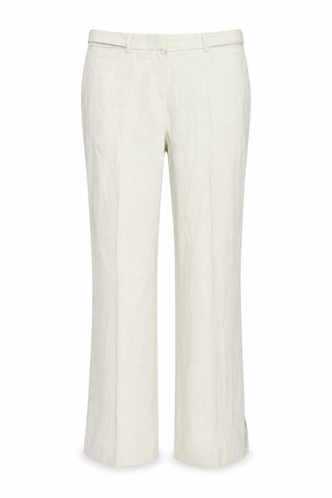 Front view of STOOTOP women’s beige trousers, size UK 28, in, 30-inch leg
