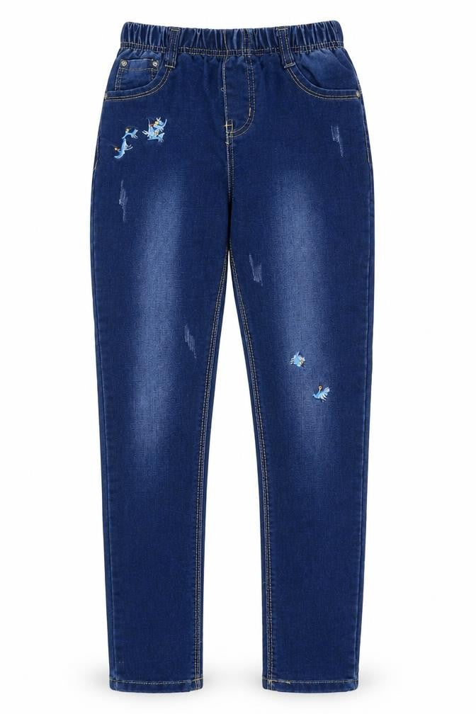 Front view of yilihao girls’ blue floral denim skinny jeans, size 14, years