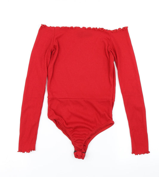 PRETTYLITTLETHING Womens Red   Bodysuit One-Piece Size 4  - Lettuce Edging