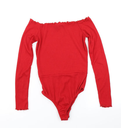 PRETTYLITTLETHING Womens Red   Bodysuit One-Piece Size 4  - Lettuce Edging
