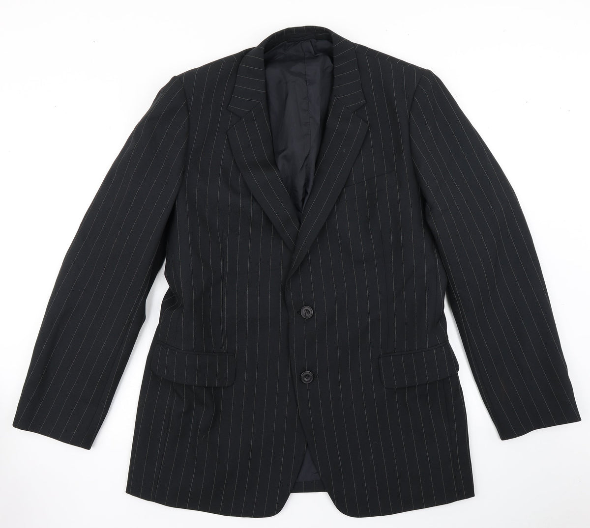 Front view of Jackson King men’s black striped jacket blazer, size 44