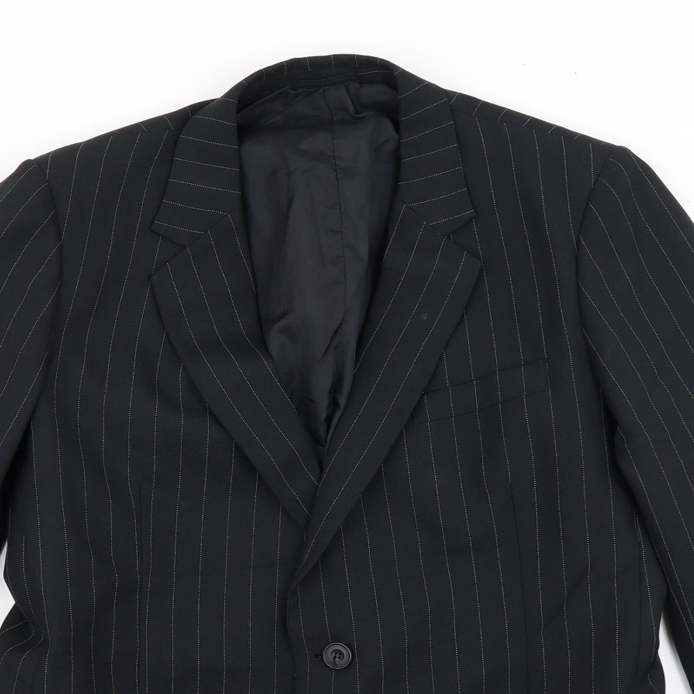Close-up detail of Jackson King men’s black striped jacket blazer, size 44