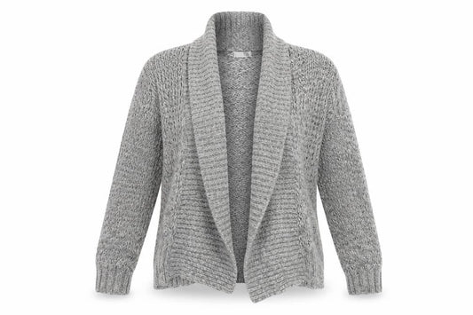 Front view of isle women’s grey cardigan jumper, size S