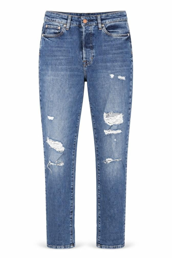 Front view of H&M women’s blue denim straight jeans, size UK 8, 31-inch leg