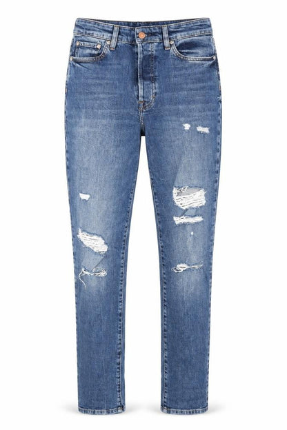 Front view of H&M women’s blue denim straight jeans, size UK 8, 31-inch leg