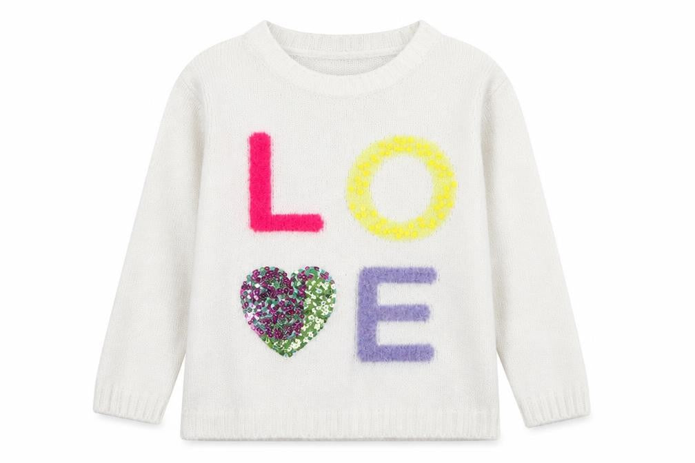 Front view of M&Co girls’ white jumper, size 9, years - love
