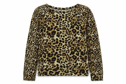 Front view of La Sensa women’s brown animal print jersey pullover sweatshirt, size S