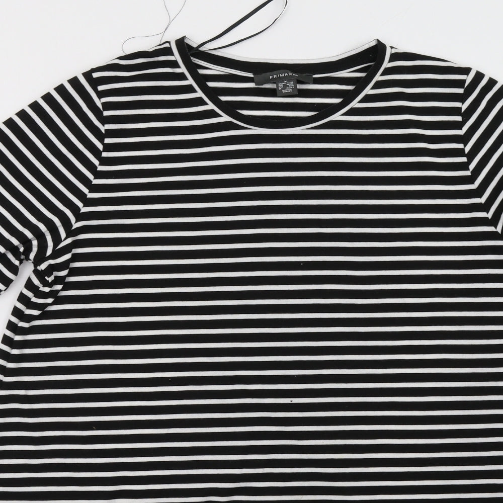 Close-up detail of Primark women’s blue striped pullover sweatshirt, size UK 14