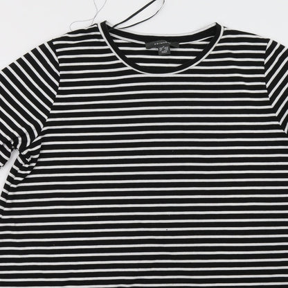 Close-up detail of Primark women’s blue striped pullover sweatshirt, size UK 14