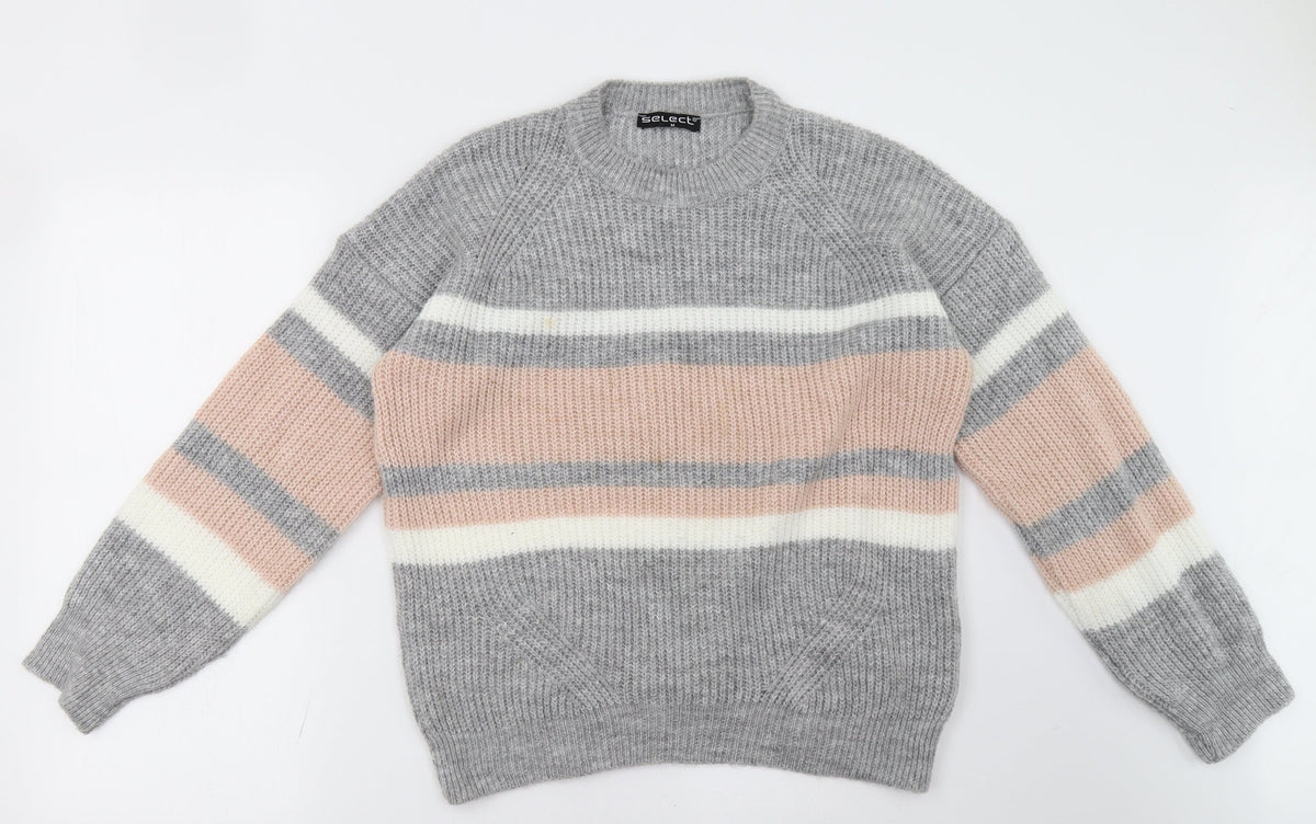 Additional front view of Select women’s grey striped pullover sweatshirt, size M