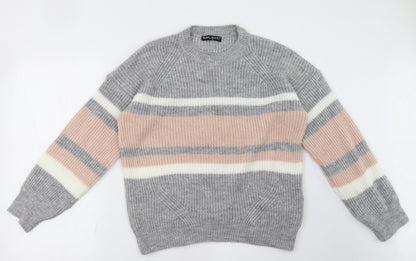 Additional front view of Select women’s grey striped pullover sweatshirt, size M
