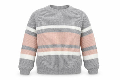 Front view of Select women’s grey striped pullover sweatshirt, size M