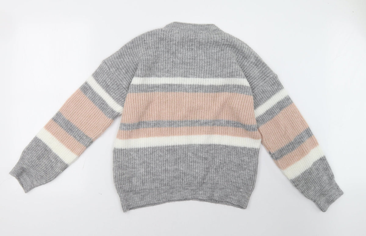 Back view of Select women’s grey striped pullover sweatshirt, size M