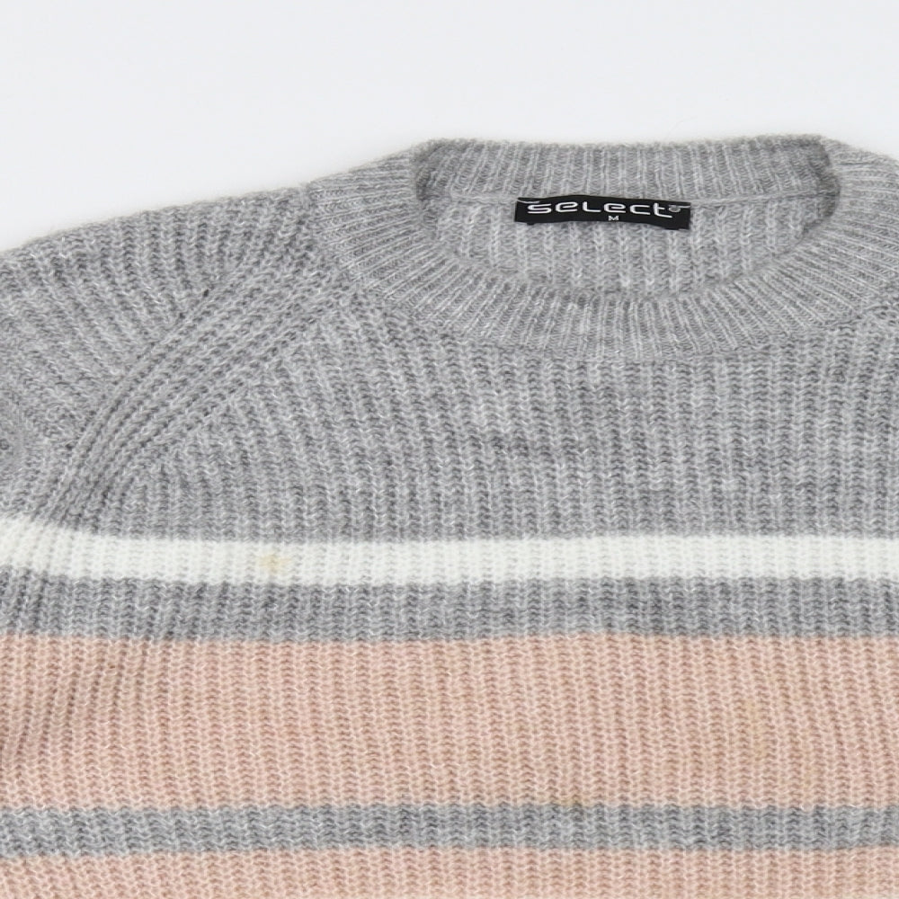 Close-up detail of Select women’s grey striped pullover sweatshirt, size M
