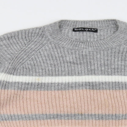 Close-up detail of Select women’s grey striped pullover sweatshirt, size M