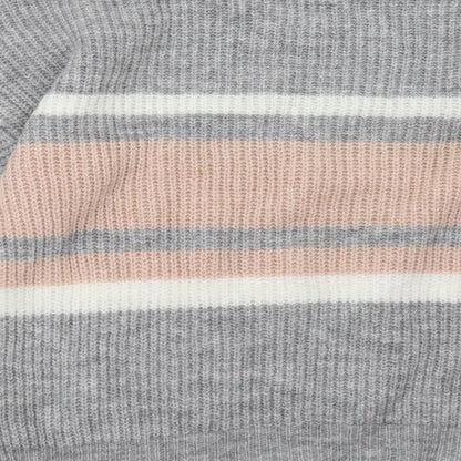 Brand and care label for Select women’s grey striped pullover sweatshirt, size M
