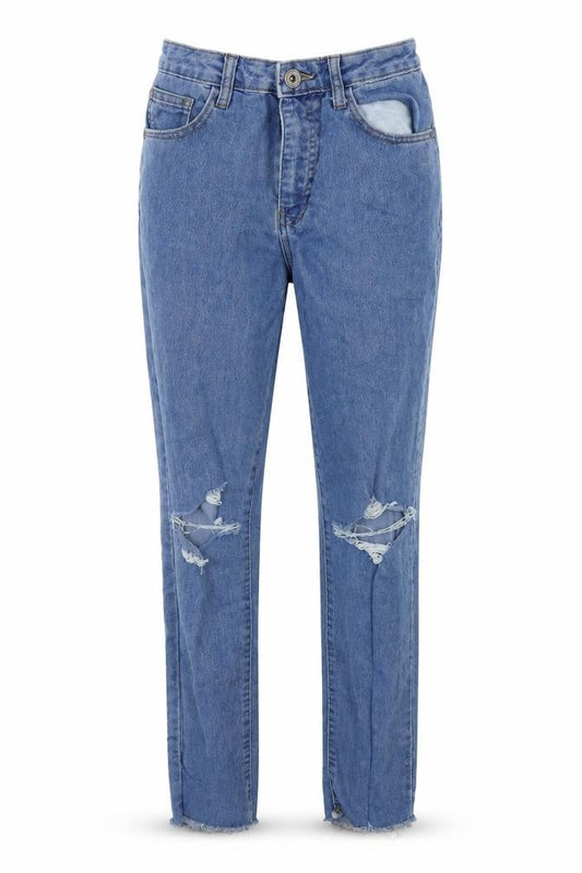 Front view of Boohoo women’s blue denim straight jeans, size UK 10, 30-inch leg
