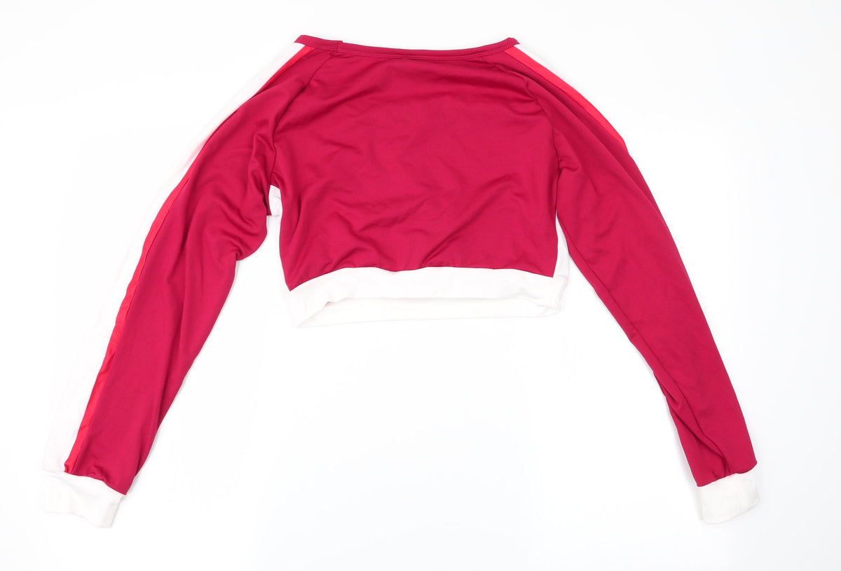 Back view of women’s red pullover sweatshirt, size XL