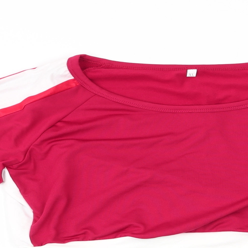 Close-up detail of women’s red pullover sweatshirt, size XL