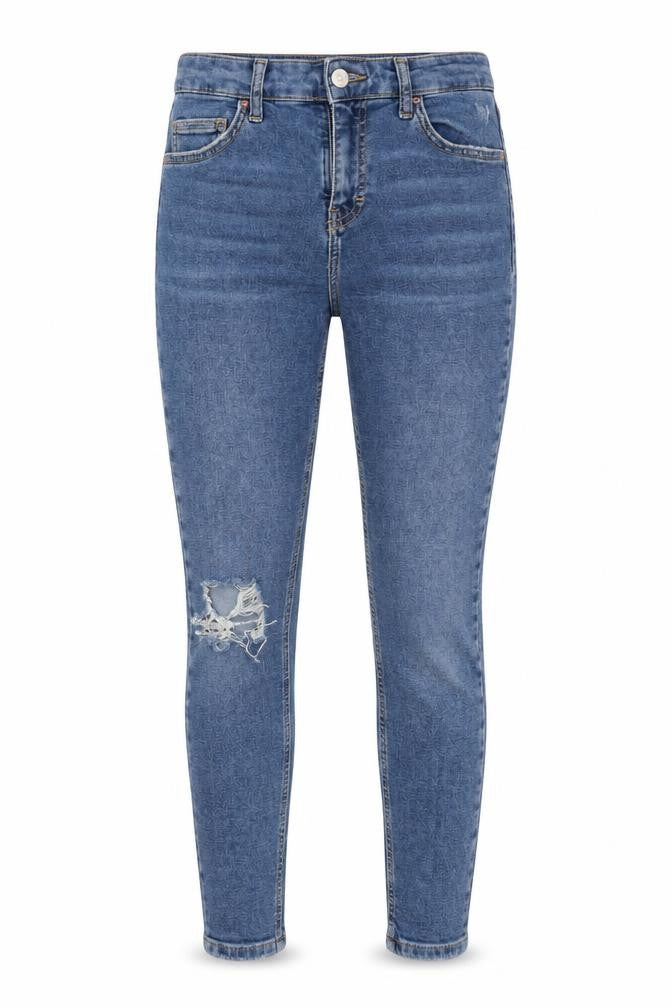 Front view of Topshop women’s blue skinny jeans, size UK 28, 30-inch leg