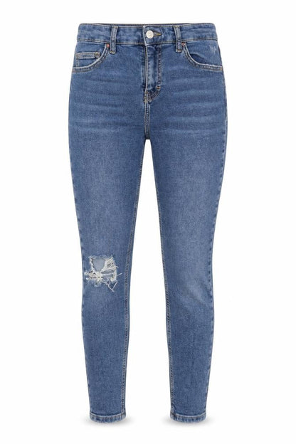 Front view of Topshop women’s blue skinny jeans, size UK 28, 30-inch leg