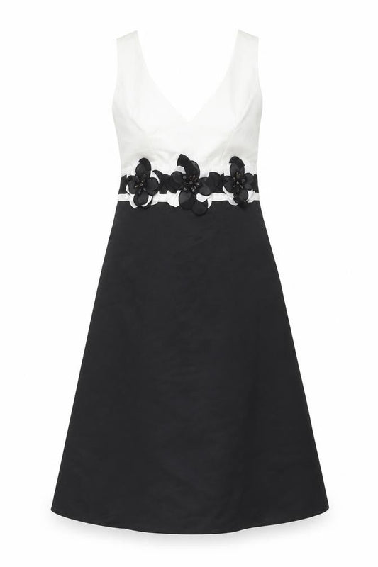 Front view of Debut women’s black shift, size UK 8, - floral detail