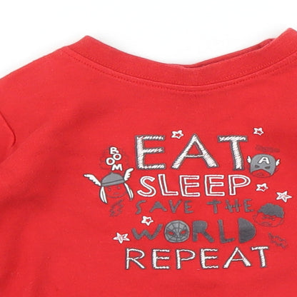 Close-up detail of George boys’ red basic t-shirt, size 6-9, months - marvel