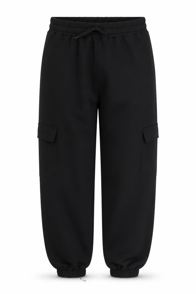 Front view of Boohoo women’s black sweatpants, size M, 22-inch leg