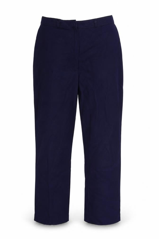 Front view of BHS women’s blue trousers, size UK 18, 27-inch leg