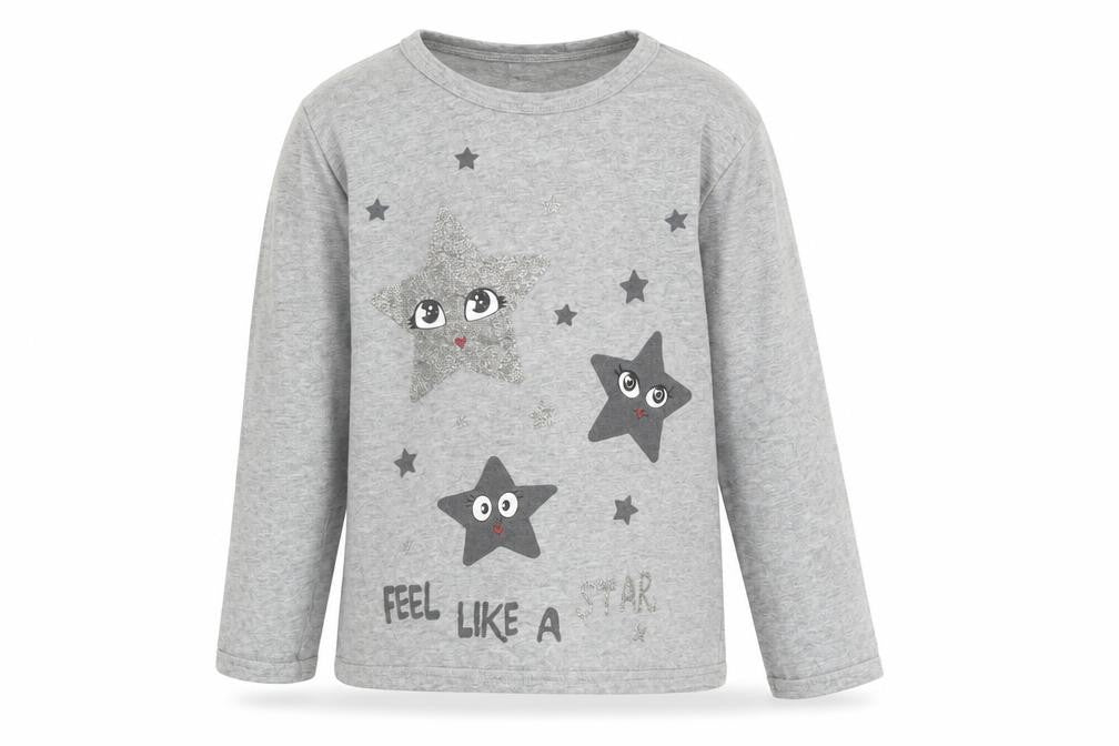 Front view of Minervakia girls’ grey solid flannel pyjama top, size 6, years - stars