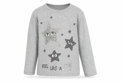 Front view of Minervakia girls’ grey solid flannel pyjama top, size 6, years - stars