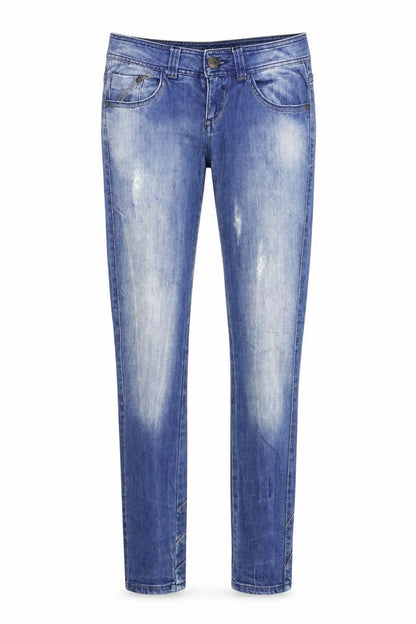 Front view of Bershka women’s blue denim skinny jeans, size UK 38, 31-inch leg