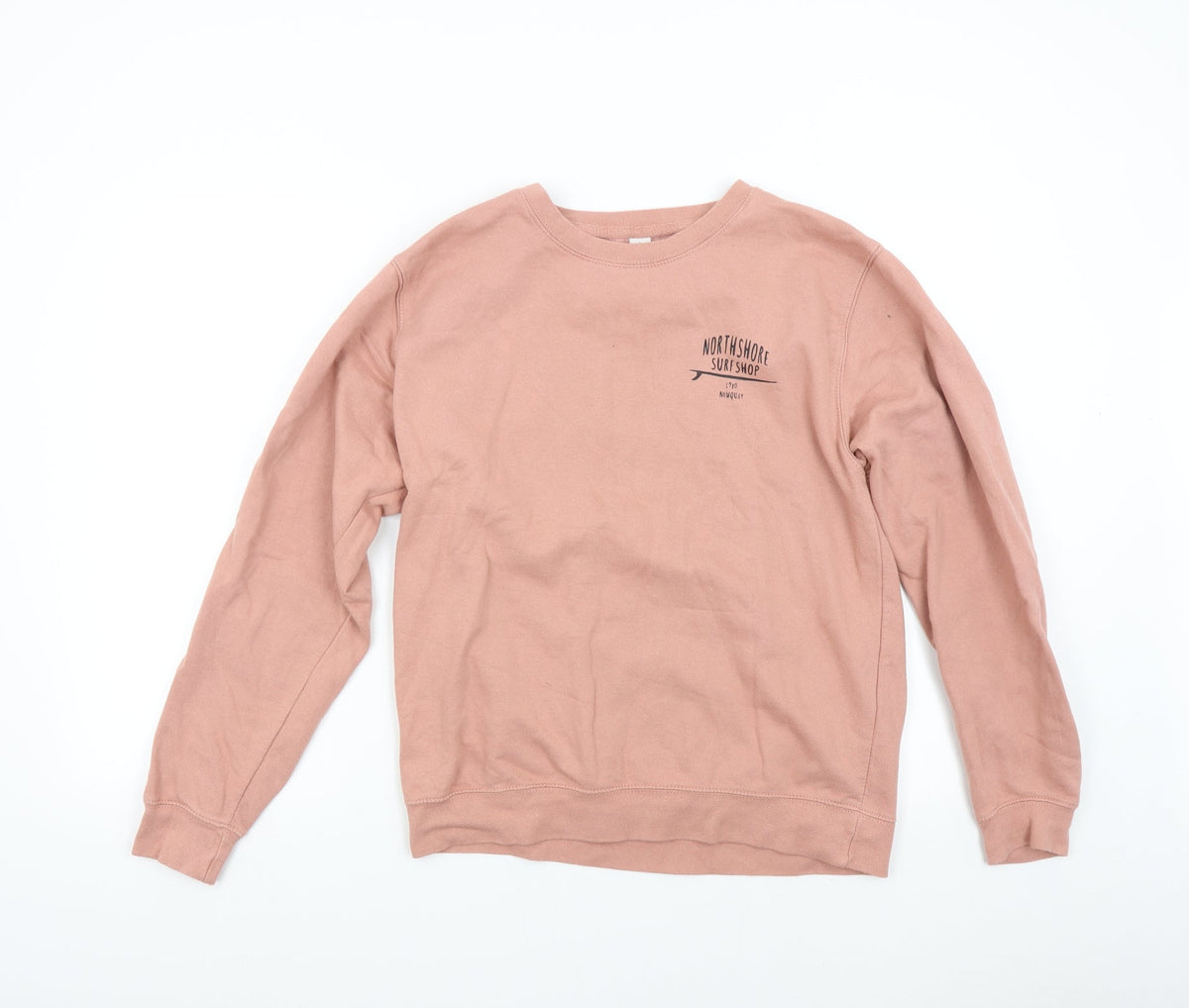 Front view of Just Hoods women’s pink pullover sweatshirt, size M