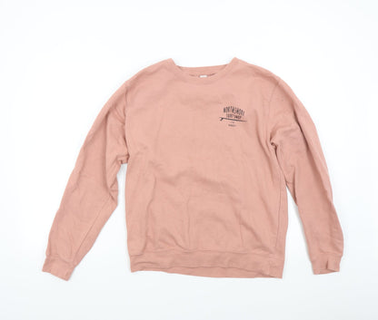 Front view of Just Hoods women’s pink pullover sweatshirt, size M