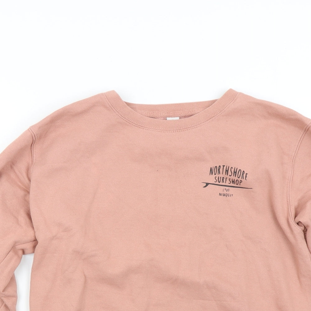 Close-up detail of Just Hoods women’s pink pullover sweatshirt, size M