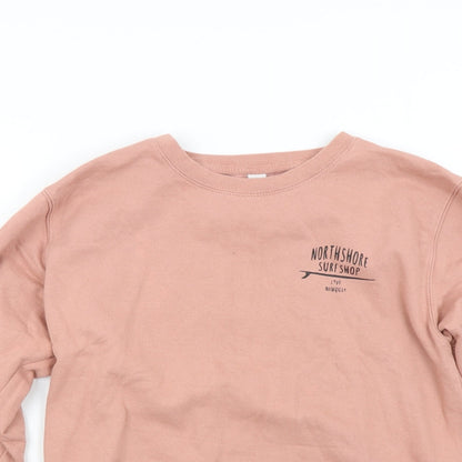 Close-up detail of Just Hoods women’s pink pullover sweatshirt, size M