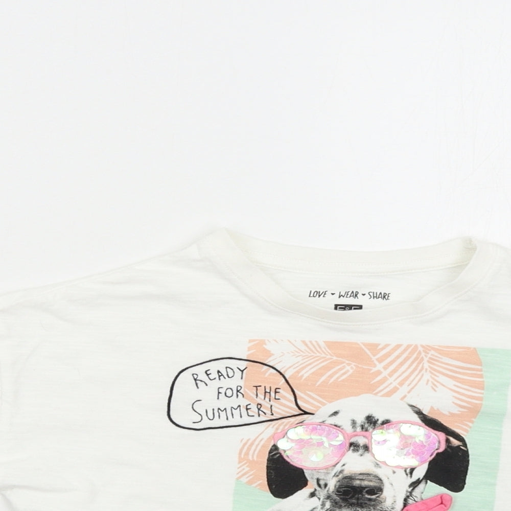F&F Girls White   Basic T-Shirt Size 7-8 Years  - Dalmatian Summer