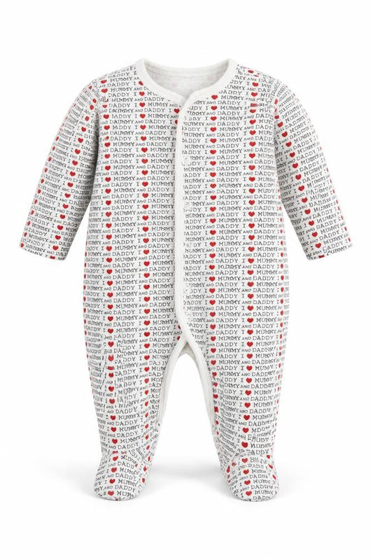 Front view of Mothercare Baby White Geometric Babygrow One-Piece, size 0-3, Months
