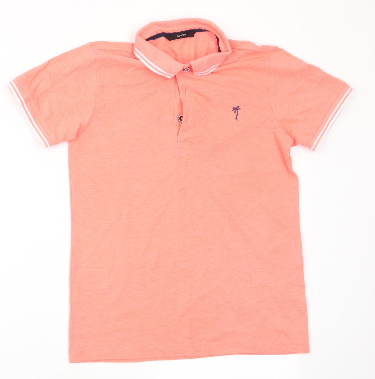 Front view of George girls’ orange basic polo, size 10-11, years - palm tree logo
