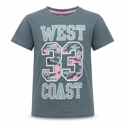 Front view of Pep&Co girls’ green basic t-shirt, size 6-7, years - west 33 coast