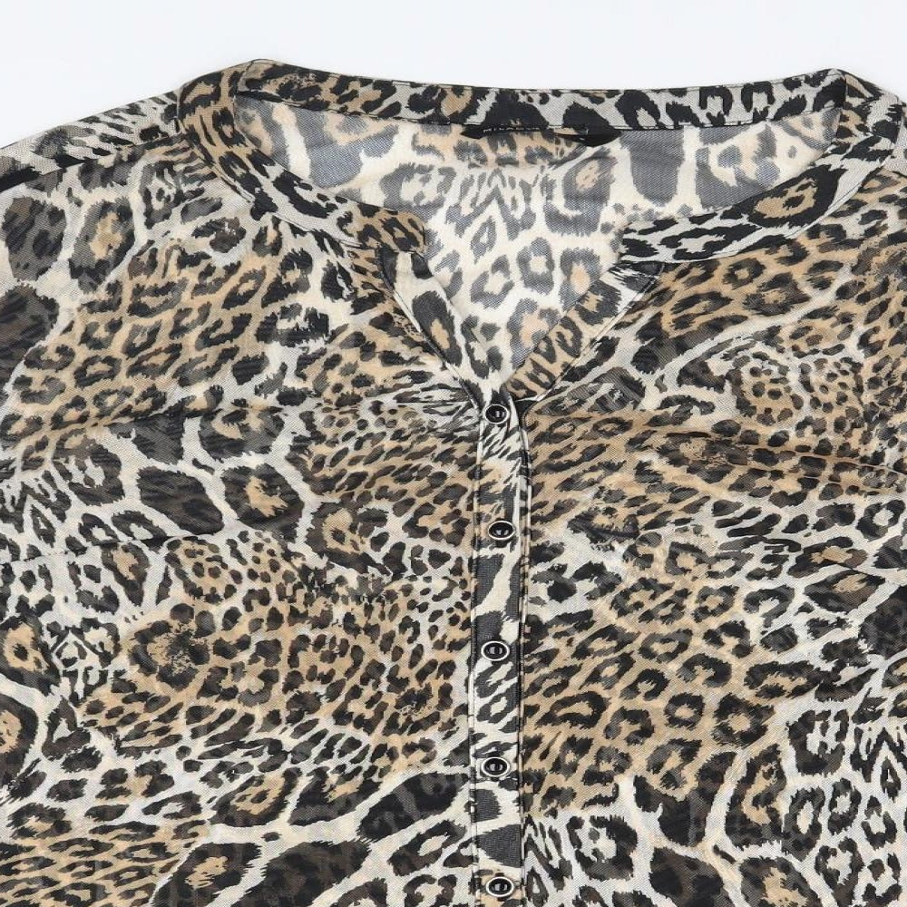 Close-up detail of Miladys women’s brown animal print basic blouse, size M