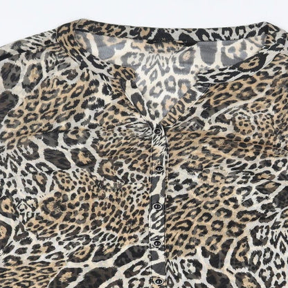 Close-up detail of Miladys women’s brown animal print basic blouse, size M